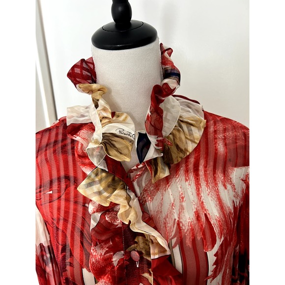 NWT Vintage '06 Roberto Cavalli Silk red blue Mousseline Ruffled Blouse Sz S - Picture 5 of 13